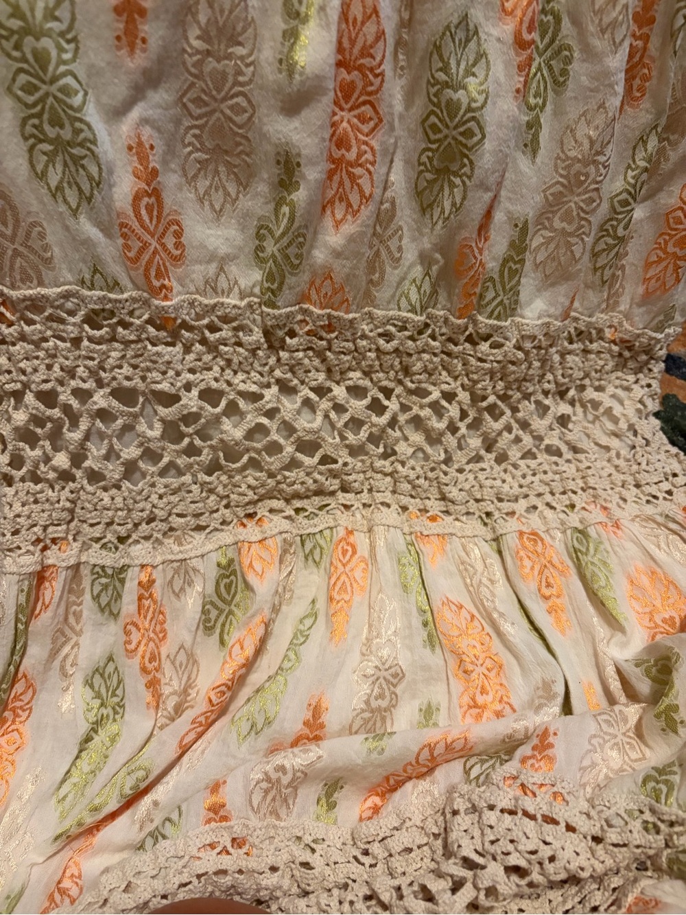Boho Crochet-Waist Maxi Dress in White with Peach & Sage Print - Picture 5 of 7